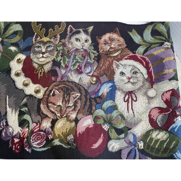 Holiday Cat Tapestry Table Runner With Festive Design & Tassels 27" X 13.5" - Picture 5 of 11